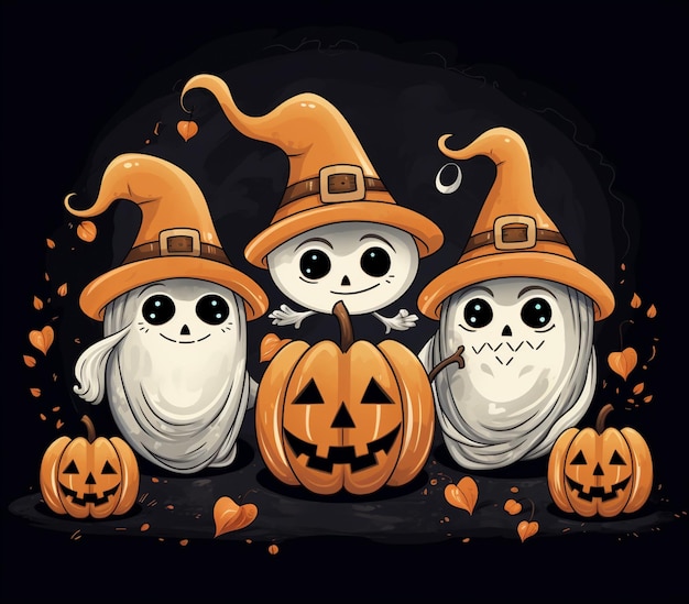 tres fantasmas de dibujos animados vestidos con disfraces de halloween sentados en calabazas ai generativo