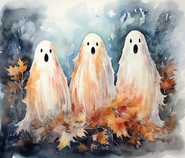 três fantasmas estão parados nas folhas com um parecendo surpreso e generativo ai