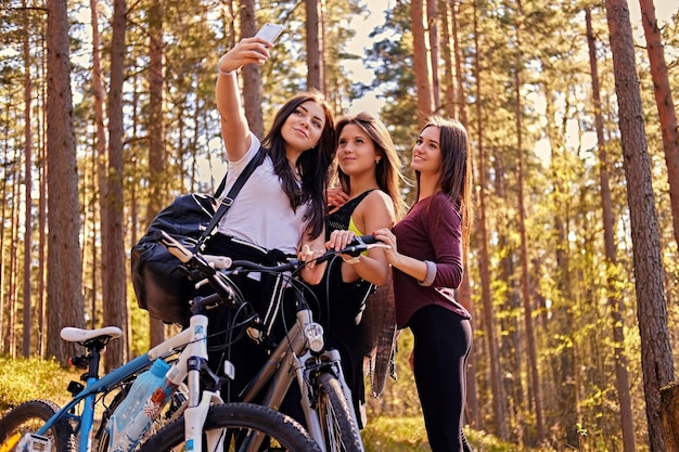 Três fêmeas desportivas fazendo selfie após passeio de bicicleta em uma floresta.
