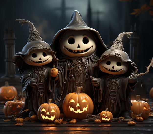 tres figuras de halloween de tres brujas y calabazas ai generativo