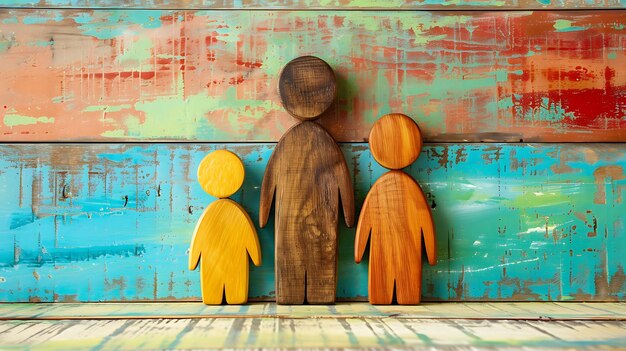 Foto tres figuras de madera en fila contra un fondo colorido