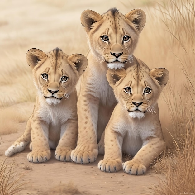 três filhotes de leão estão sentados na grama gerada por IA