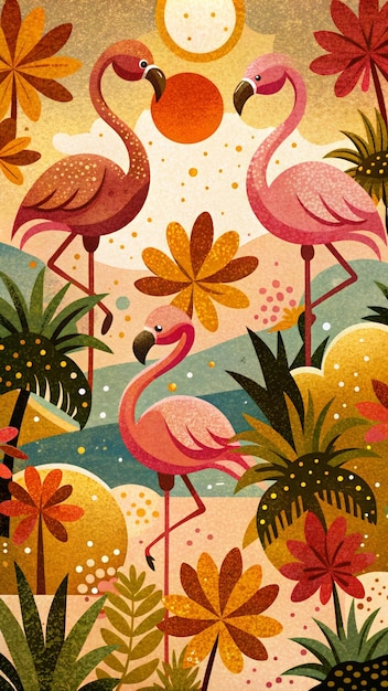 Tres flamencos se encuentran entre una variedad de plantas y flores tropicales