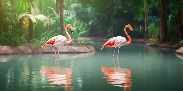 Tres flamencos en un estanque con árboles al fondo