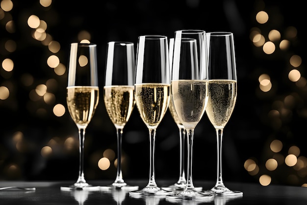 Tres flautas de champán en una mesa junto a una Navidad