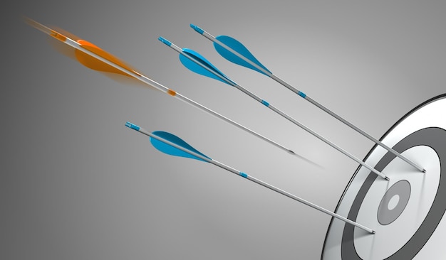 Tres flechas azules que golpean un objetivo más una flecha naranja que golpea el centro, ilustración del concepto 3D de excelencia competitiva o negocio estratégico.