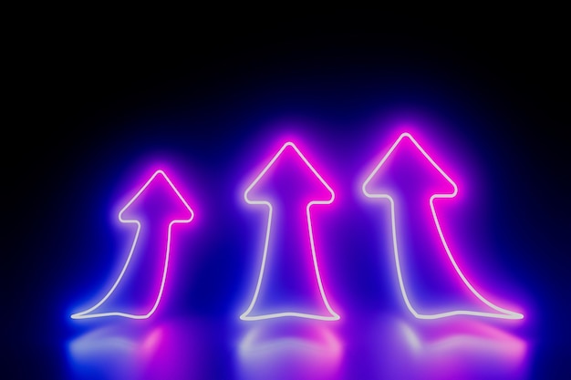 Tres flechas de neón apuntando hacia arriba en un fondo azul oscuro