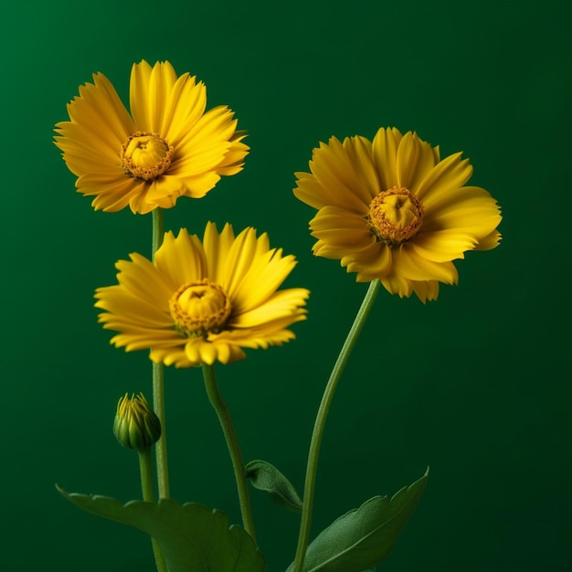 Tres flores amarillas están en un jarrón y una es verde.