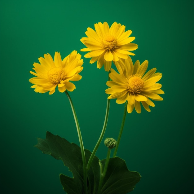 Tres flores amarillas están en un jarrón y el fondo verde es un fondo verde.