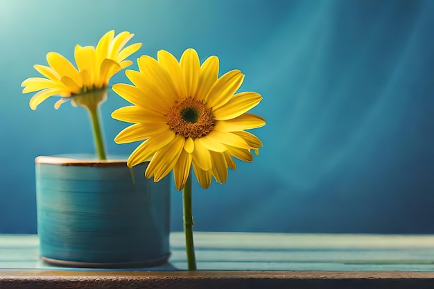 tres flores amarillas en un jarrón azul con fondo azul.