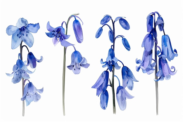 Três flores azuis são mostradas com as palavras bluebell