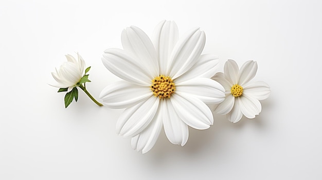 Tres flores blancas con centros amarillos Tres flores blanca con vibrantes centros amarillos se muestran contra un fondo blanco limpio en fondo blanco o PNG transparente