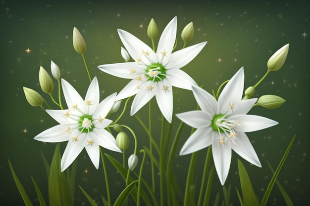 Três flores brancas com botões ao redor Três estrelas de Belém crescendo em uma grama verde Ornithogalum floresce com seis pétalas pontiagudas e poucos botões Flores brancas da primavera estrelas remanescentes