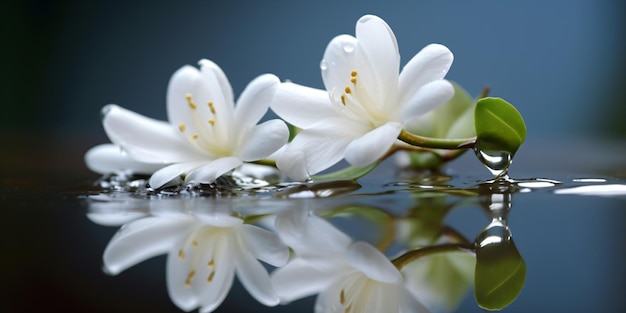 Três flores brancas são refletidas numa piscina de água.