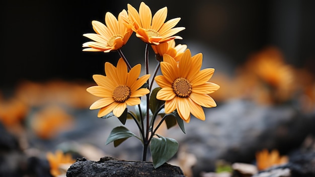 tres flores de color naranja están sentadas encima de una roca