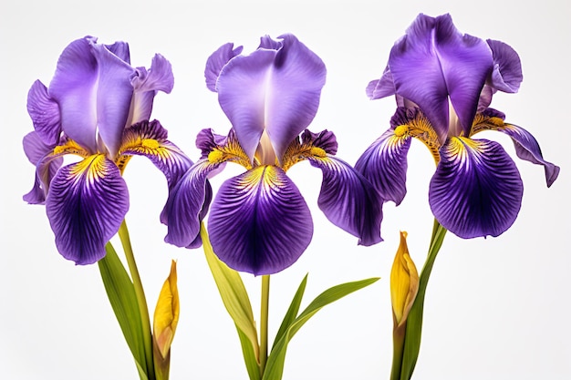 tres flores de color púrpura están en un jarrón sobre una mesa