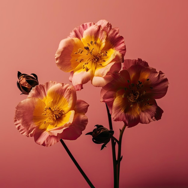 Três flores com fundo amarelo e rosa