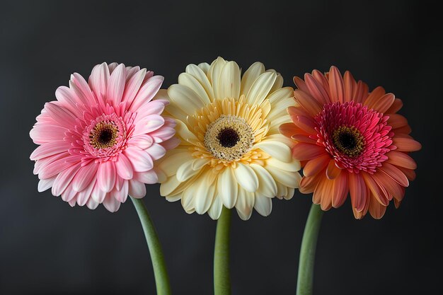 Três flores de cores diferentes em um vaso em uma mesa com um fundo preto atrás deles com um