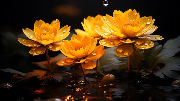 três flores de lótus amarelas com gotas de água