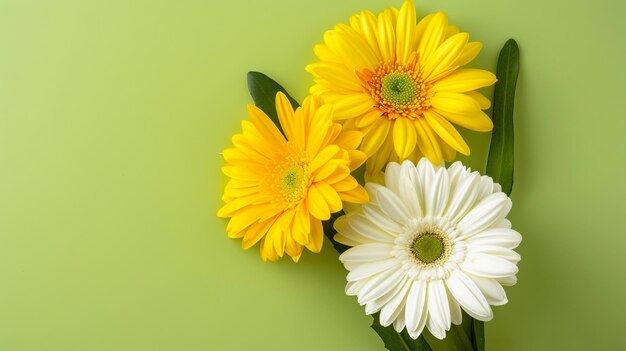 Tres flores de gerbera amarillas y blancas sobre un fondo verde