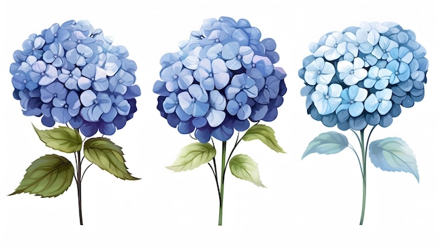 tres flores de hidrante azul con hojas verdes sobre un fondo blanco IA generativa