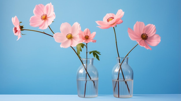 Tres flores rosadas en un jarrón de vidrio sobre un azul y un alfiler.