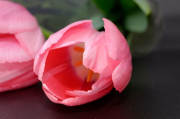 Tres flores rosas sobre una mesa con una que dice "primavera".