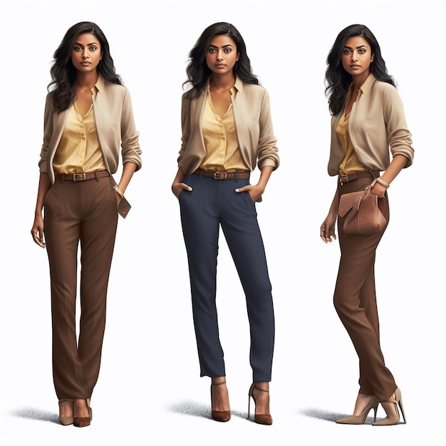 três fotos diferentes de uma mulher com calça marrom e uma camisa que diz “ela é modelo”.