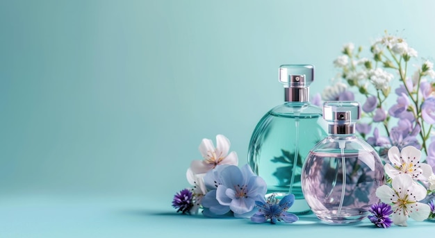 três frascos de perfume com flores sobre fundo azul