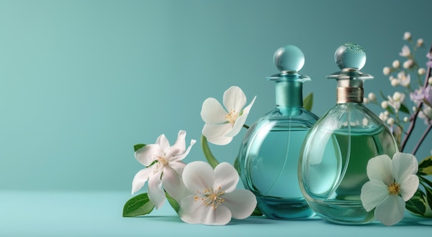 três frascos de perfume com flores sobre fundo azul