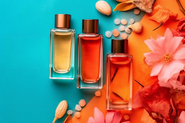 Três frascos de perfume em um fundo azul brilhante com flores.