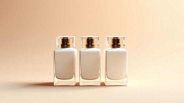 Tres frascos de perfume están alineados sobre un fondo rosa.