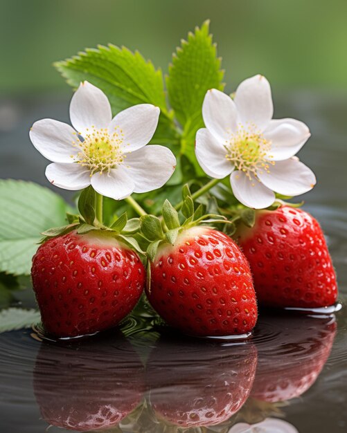 Foto tres fresas con flores blancas sobre una superficie negra ai generativo