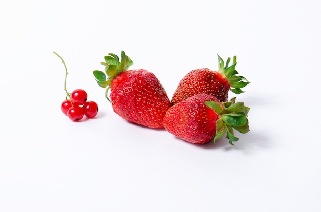 Tres fresas con pechugas de grosella roja sobre un fondo blanco.