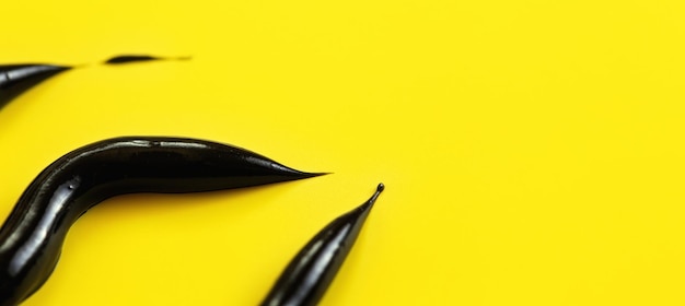Tres frotis gruesos de crema negra (pasta de dientes de carbón) sobre fondo amarillo, vista desde arriba, espacio para texto en el lado derecho