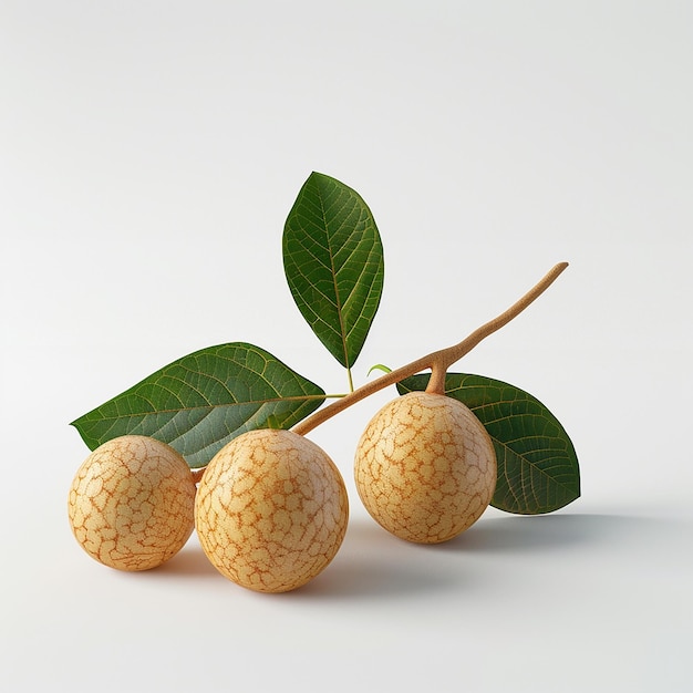 Foto tres frutas amarillas con hojas verdes sobre un fondo blanco