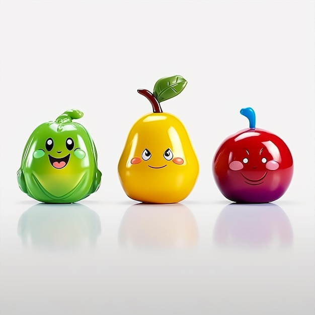 Tres frutas de plástico están alineadas en fila, una tiene una cara y la otra tiene una sonrisa.