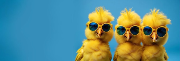Três Galinhas Amarelas com Óculos de Sol Azul Galinha bebê da primavera usando óculos de sol legais