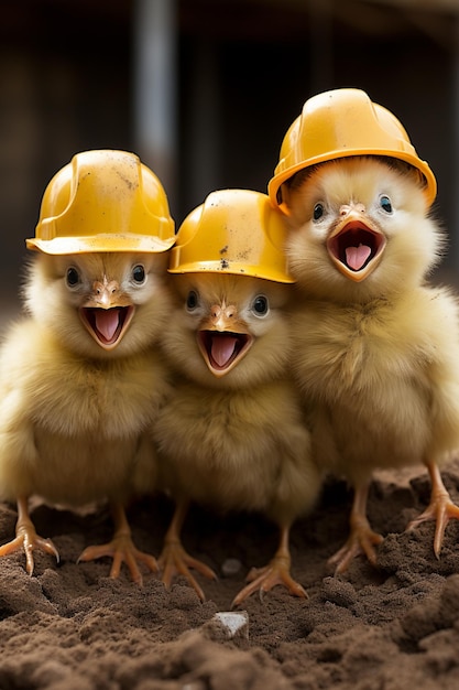 Três galinhas usando capacetes estão de pé na sujeira generativa ai