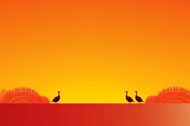 três gansos estão de pé na frente de um pôr-do-sol laranja