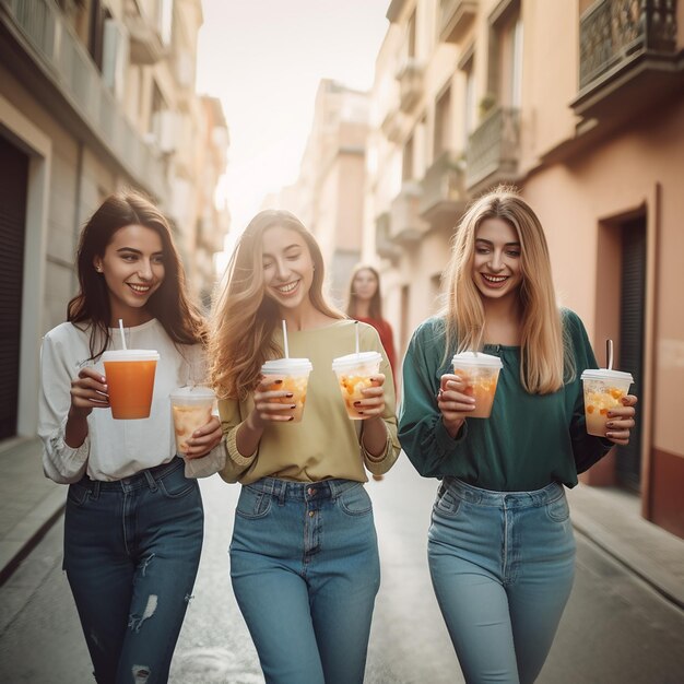 Três garotas andando por uma rua segurando bebidas