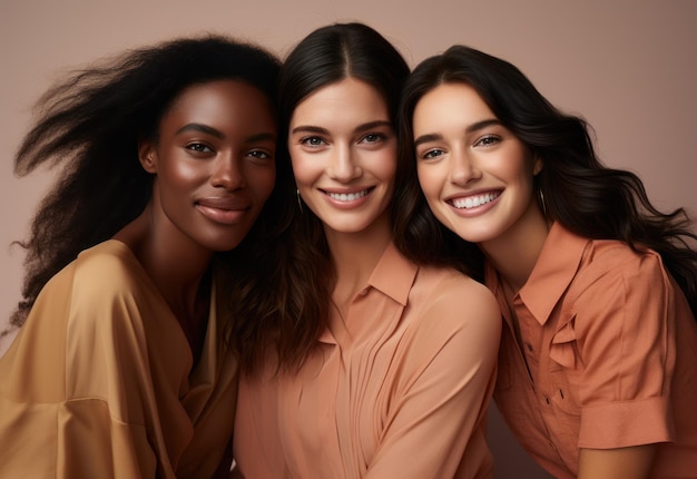 Três garotas de diferentes etnias sorrindo em trajes de outono