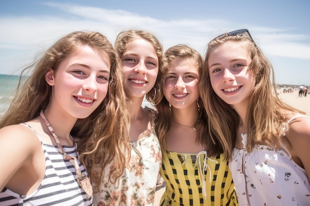 Três garotas posam para uma foto em frente a um céu azul.