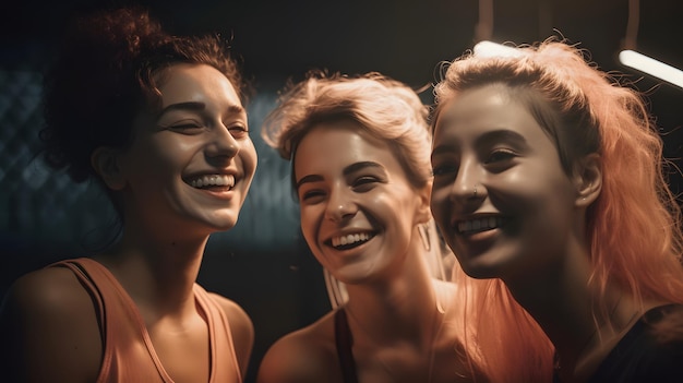 Três garotas sorrindo e rindo em um quarto escuro