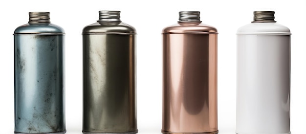 Três garrafas metálicas exibidas em uma superfície branca lisa