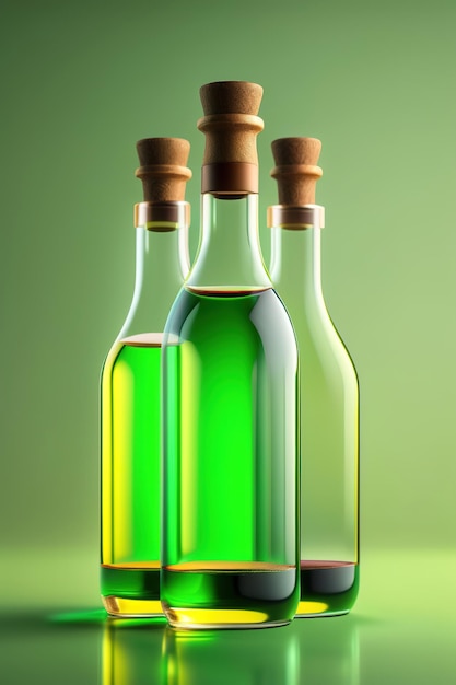 Foto três garrafas transparentes sem texto flutuam no ar em uma ilustração de fundo verde gerada por ai