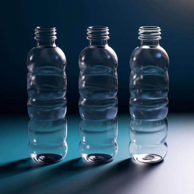 Três garrafas vazias de água estão alinhadas contra um fundo azul escuro.