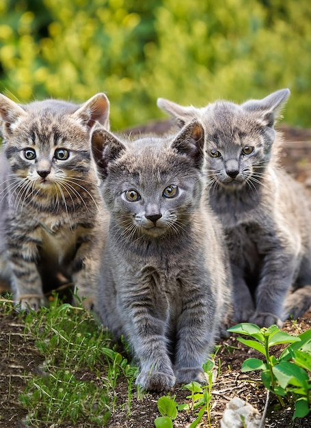Três gatinho cinza na natureza
