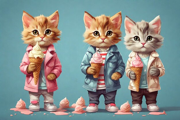 Três gatinhos em roupas de inverno com sorvete em um fundo azul