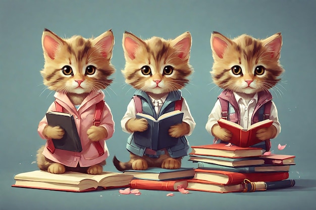 Três gatinhos em uniforme escolar lendo livros conceito de educação e conhecimento